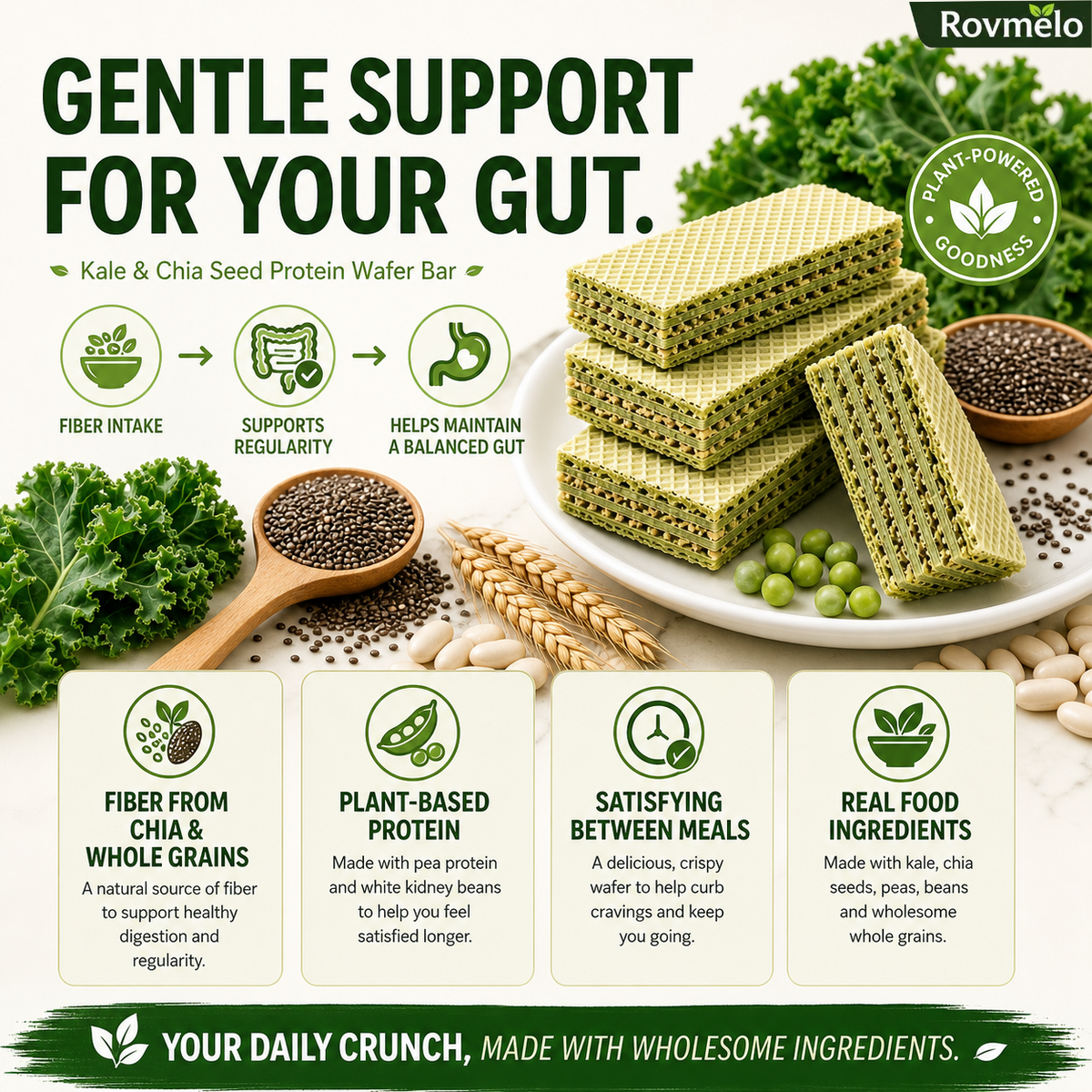 Superfood Wafer Bars with Kale & Chia Seeds – Plant-Based High Protein Snack, Zero Added Sugar, Real Nutrition-WH