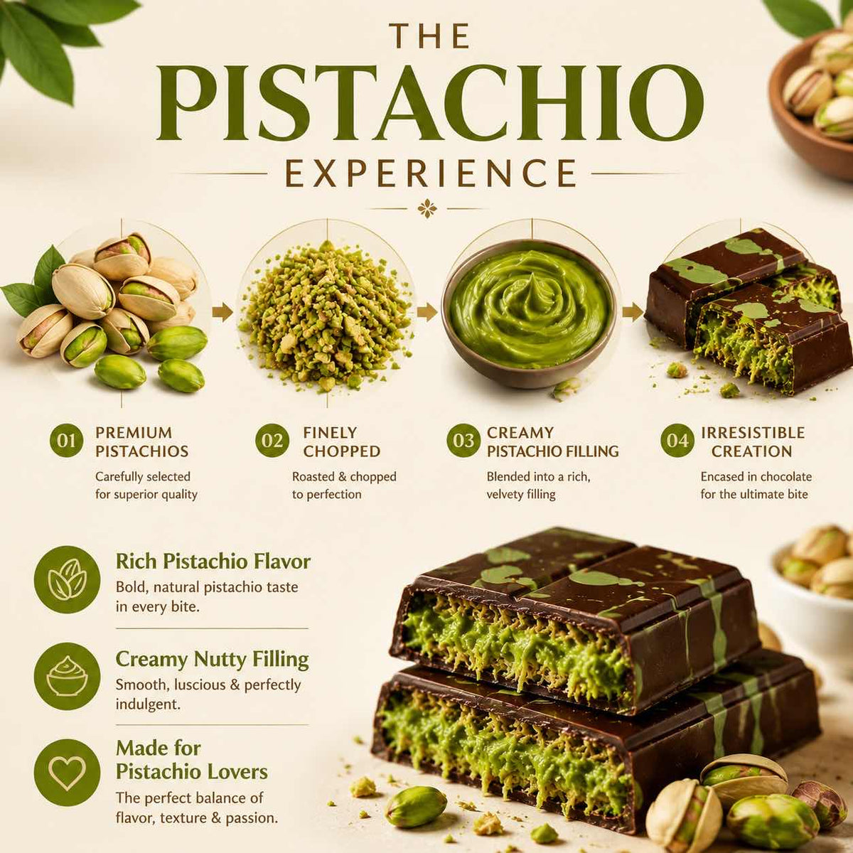 Dubai Pistachio Chocolate Bar with Creamy Pistachio Filling & Crispy Knafeh – Premium Luxury Chocolate Gift-WH