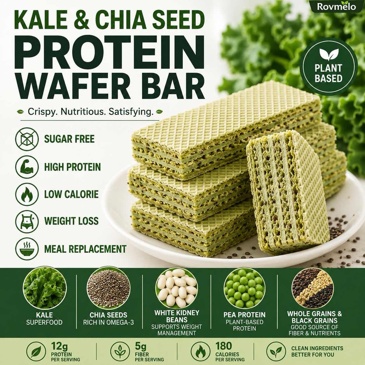 Superfood Wafer Bars with Kale & Chia Seeds – Plant-Based High Protein Snack, Zero Added Sugar, Real Nutrition-WH