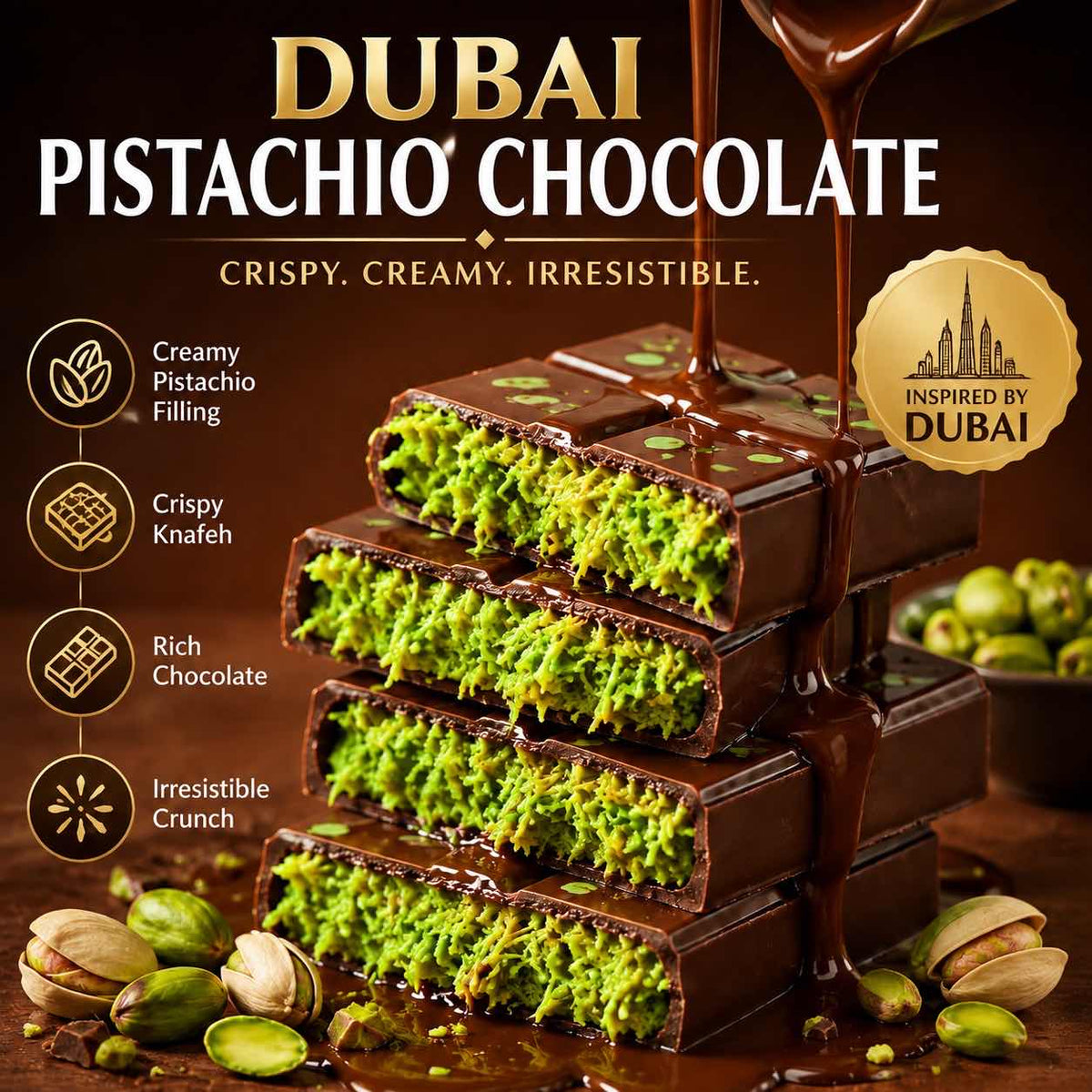 Dubai Pistachio Chocolate Bar with Creamy Pistachio Filling & Crispy Knafeh – Premium Luxury Chocolate Gift-WH