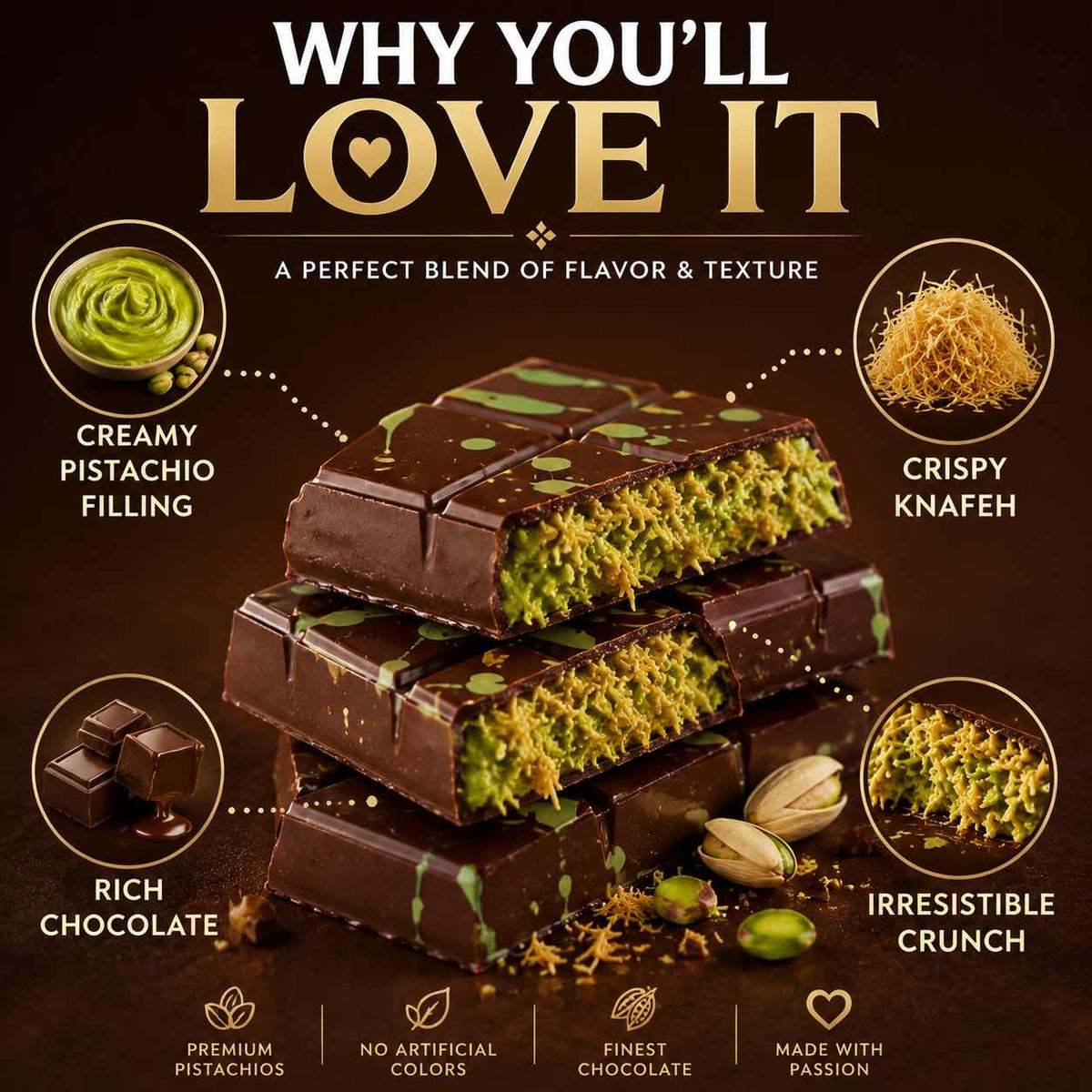 Dubai Pistachio Chocolate Bar with Creamy Pistachio Filling & Crispy Knafeh – Premium Luxury Chocolate Gift-WH